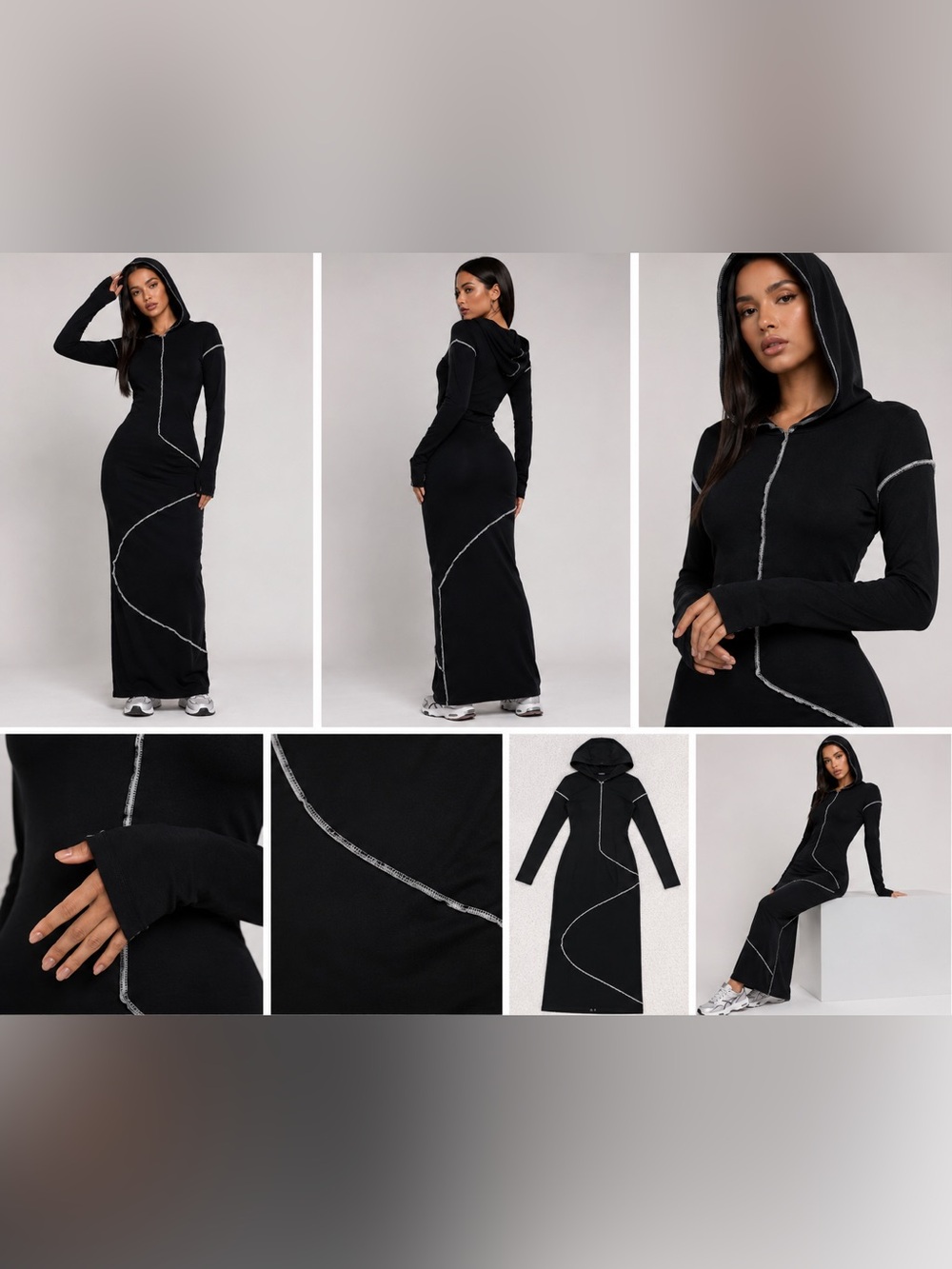 Contrast Seam Hooded Bodycon Maxi Dress Streetwear Black Size L